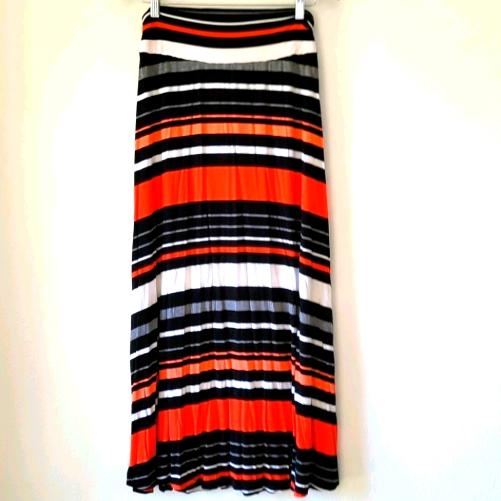 Merona Maxi Skirt Medium A-Line Striped M Salmon Black White Gray & Peach Flowy